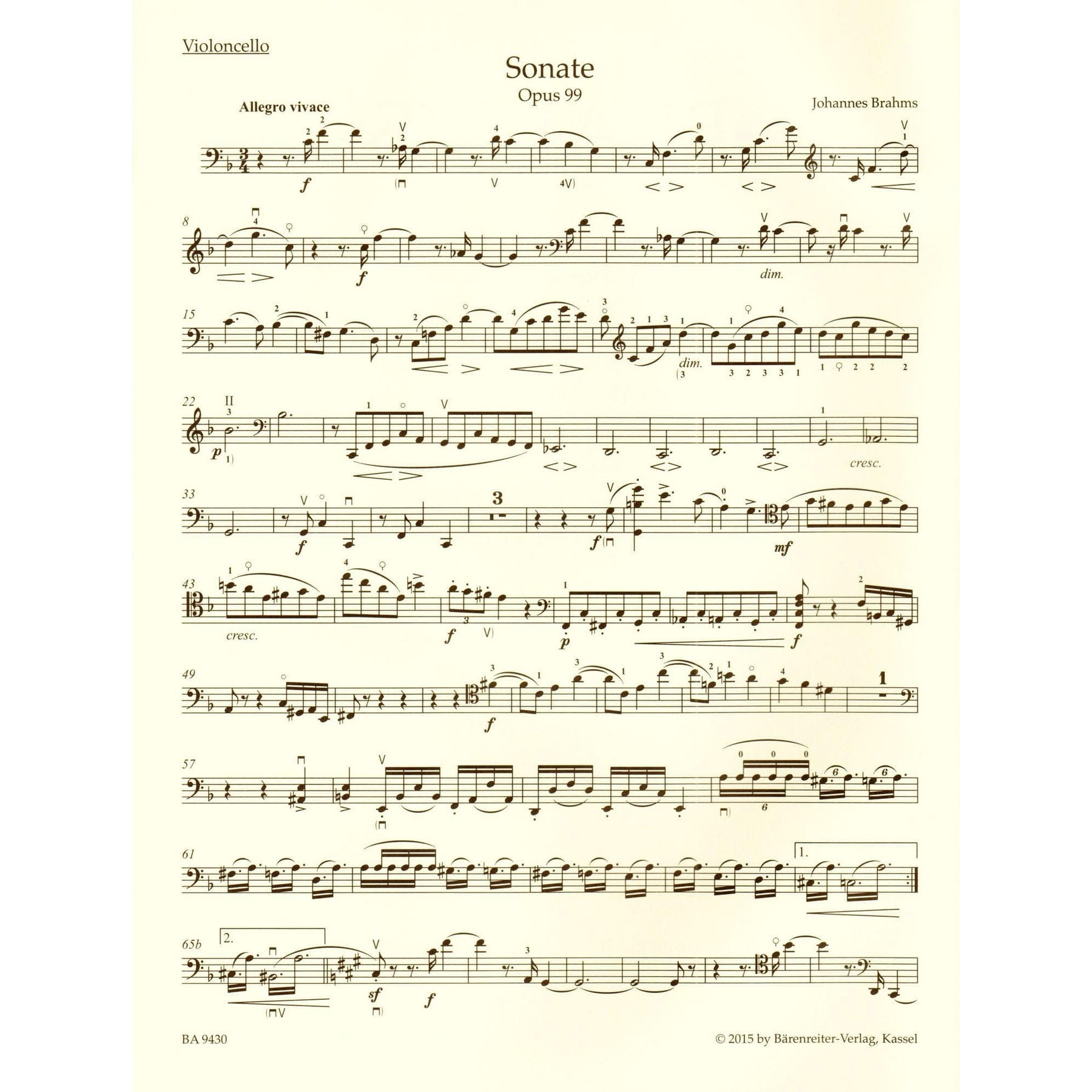 Brahms, Johannes - Sonata in F Major, Op 99 - for Cello and Piano - edited by Clive Brown, Kate Bennett Wadsworth, and Neal Peres Da Costa - Barenreiter URTEXT