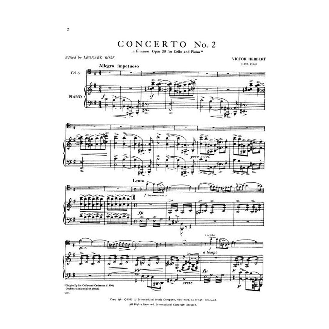 Herbert, Victor - Concerto No 2 in e minor, Op 30 - Cello and Piano - edited by Leonard Rose - International Edition