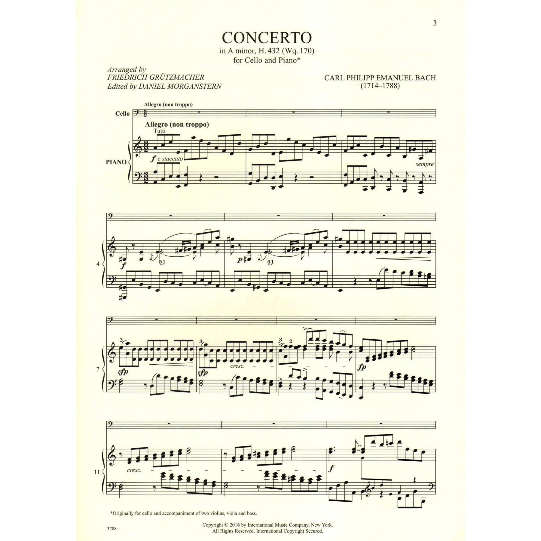 Bach, C.P.E. - Concerto in A minor, H. 432 (Wq. 170) - Cello and Piano - edited by Grutzmacher/Morganstern - International Edition