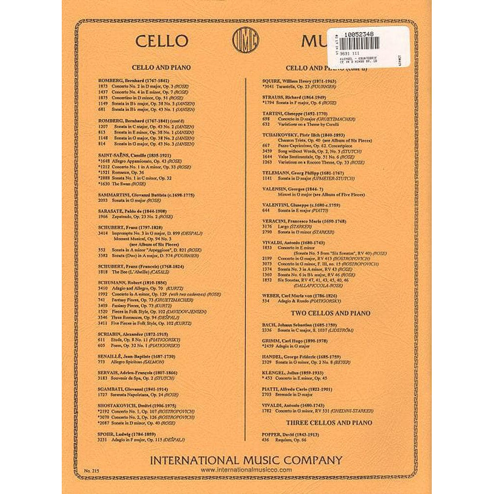 Klengel, Julius - Counterpiece in d minor, Op 10 - Cello and Piano - edited by Leonard Rose - International Music Co
