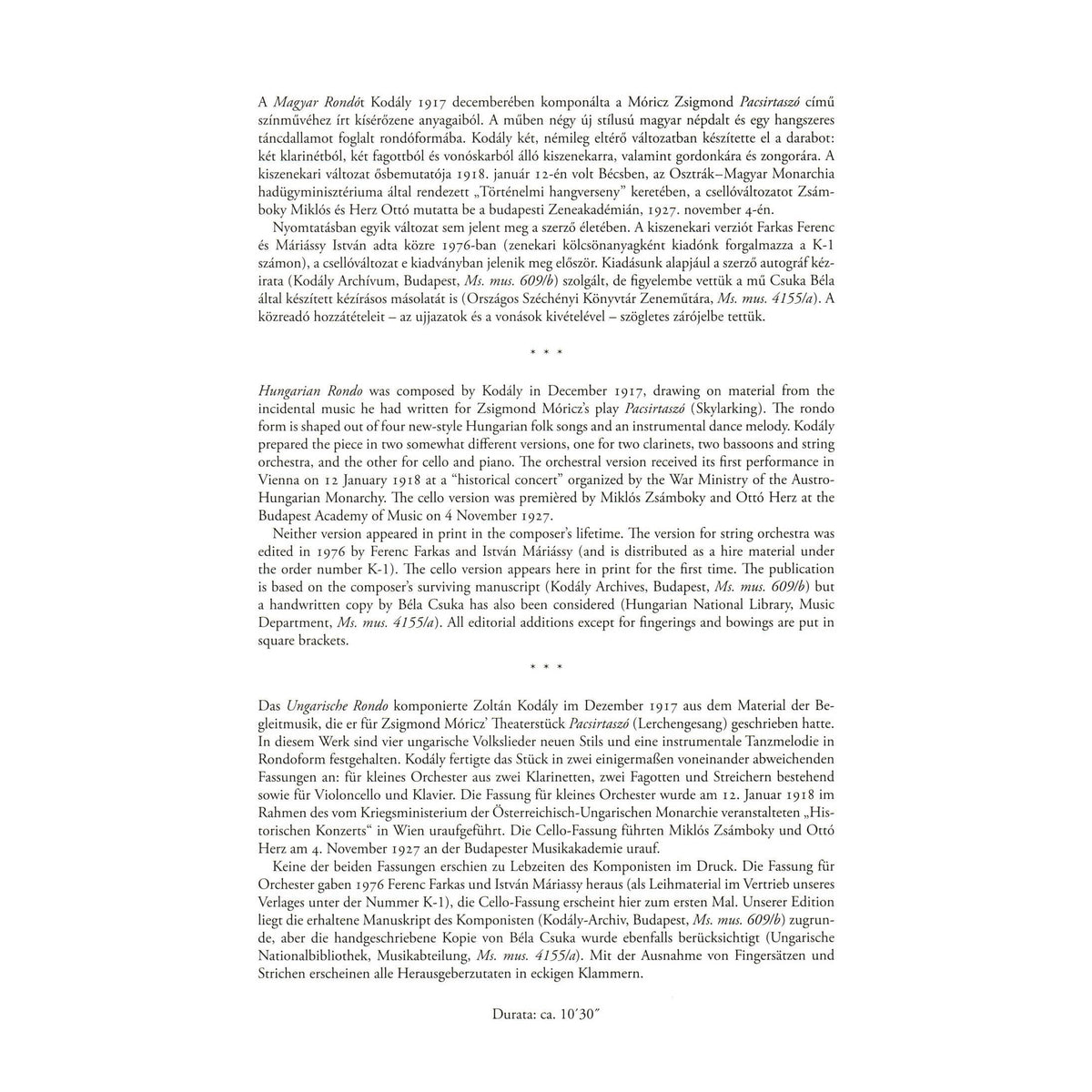 Kodaly, Zoltan - Hungarian (Magyar) Rondo - for Cello and Piano - edited by Elso Kiadas - Editio Musica Budapest