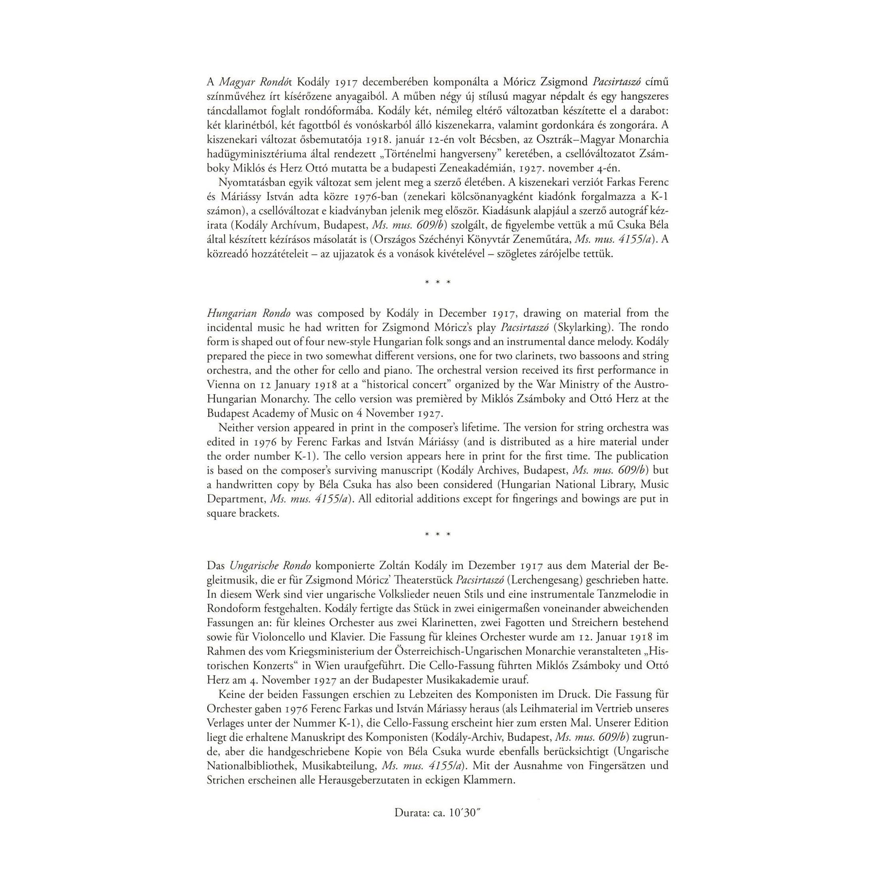 Kodaly, Zoltan - Hungarian (Magyar) Rondo - for Cello and Piano - edited by Elso Kiadas - Editio Musica Budapest