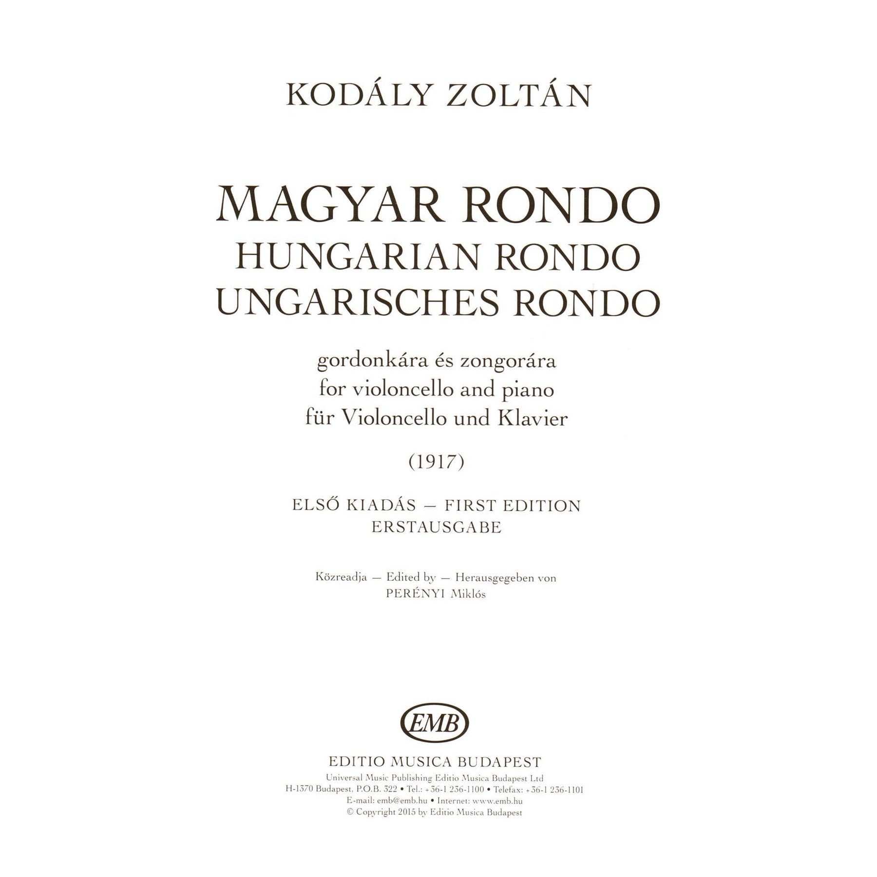 Kodaly, Zoltan - Hungarian (Magyar) Rondo - for Cello and Piano - edited by Elso Kiadas - Editio Musica Budapest