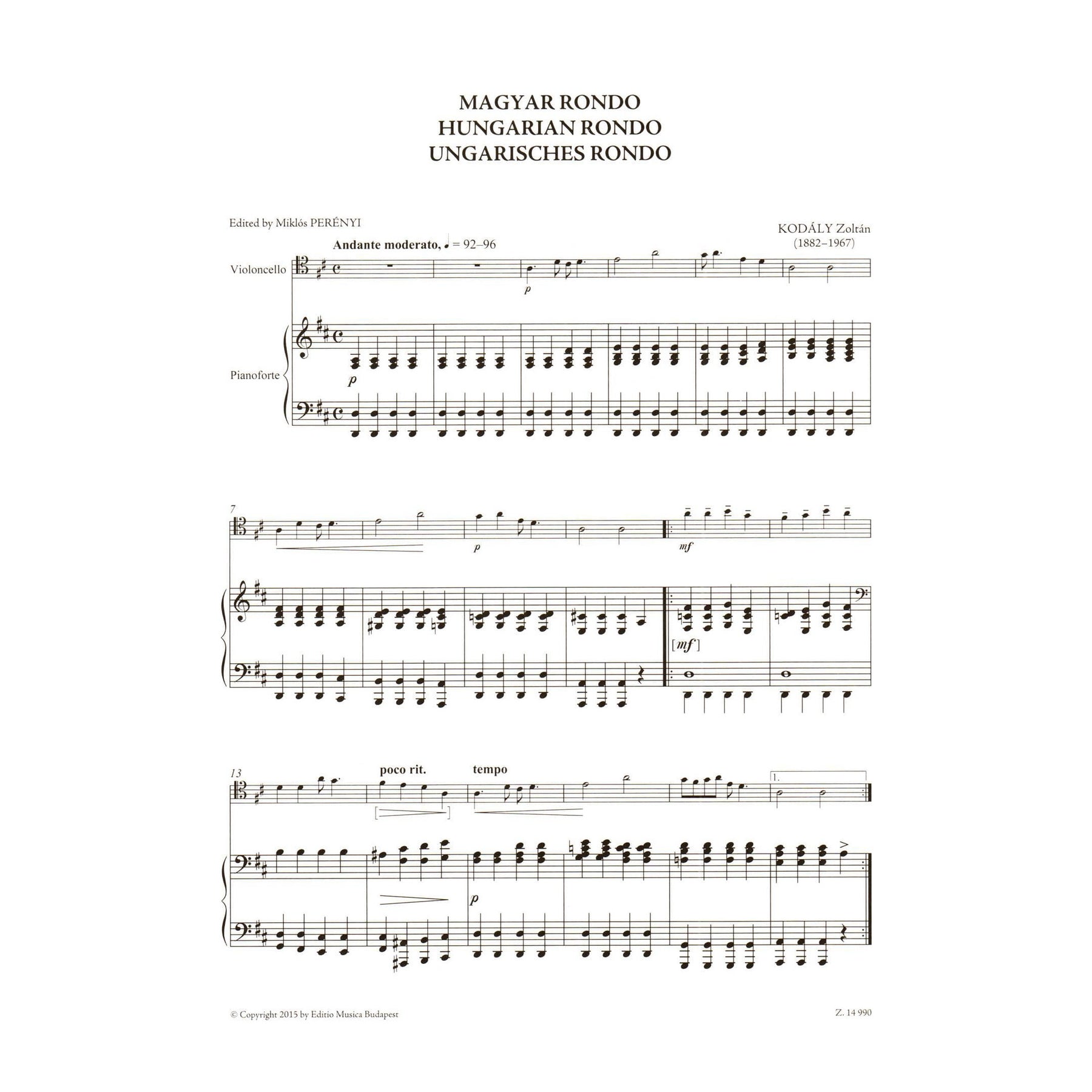 Kodaly, Zoltan - Hungarian (Magyar) Rondo - for Cello and Piano - edited by Elso Kiadas - Editio Musica Budapest