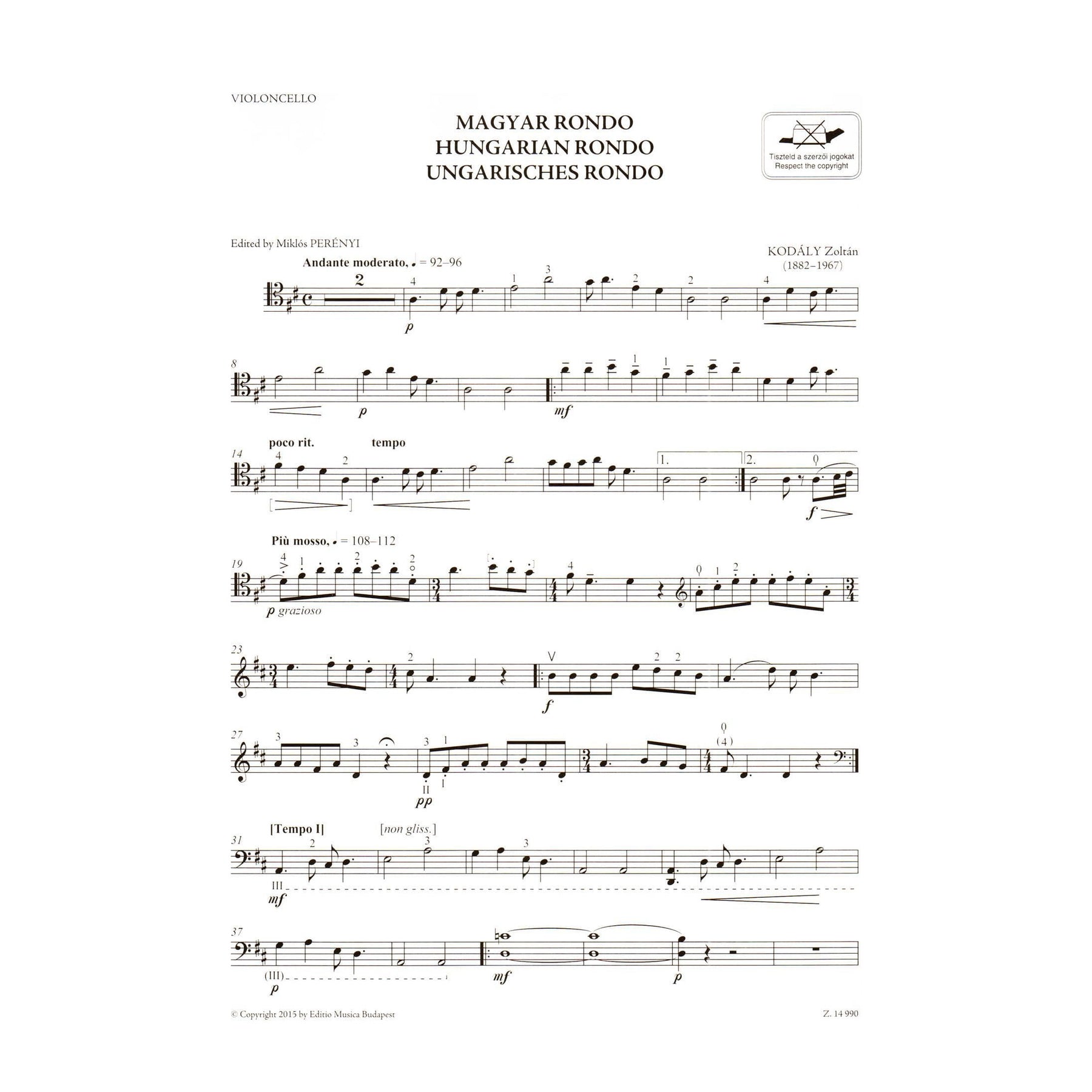 Kodaly, Zoltan - Hungarian (Magyar) Rondo - for Cello and Piano - edited by Elso Kiadas - Editio Musica Budapest