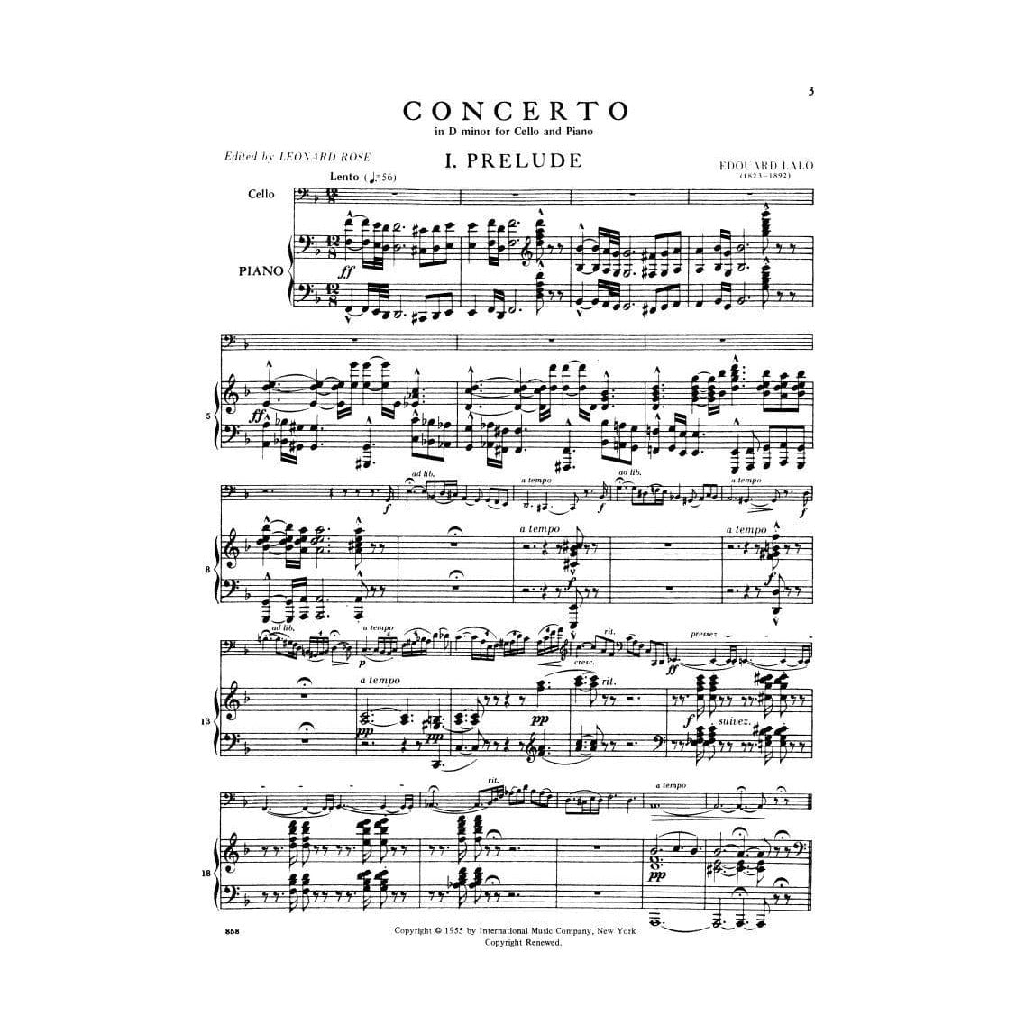 Lalo, Edouard - Concerto in d minor - Cello and Piano - edited by Leonard Rose - International Music Co
