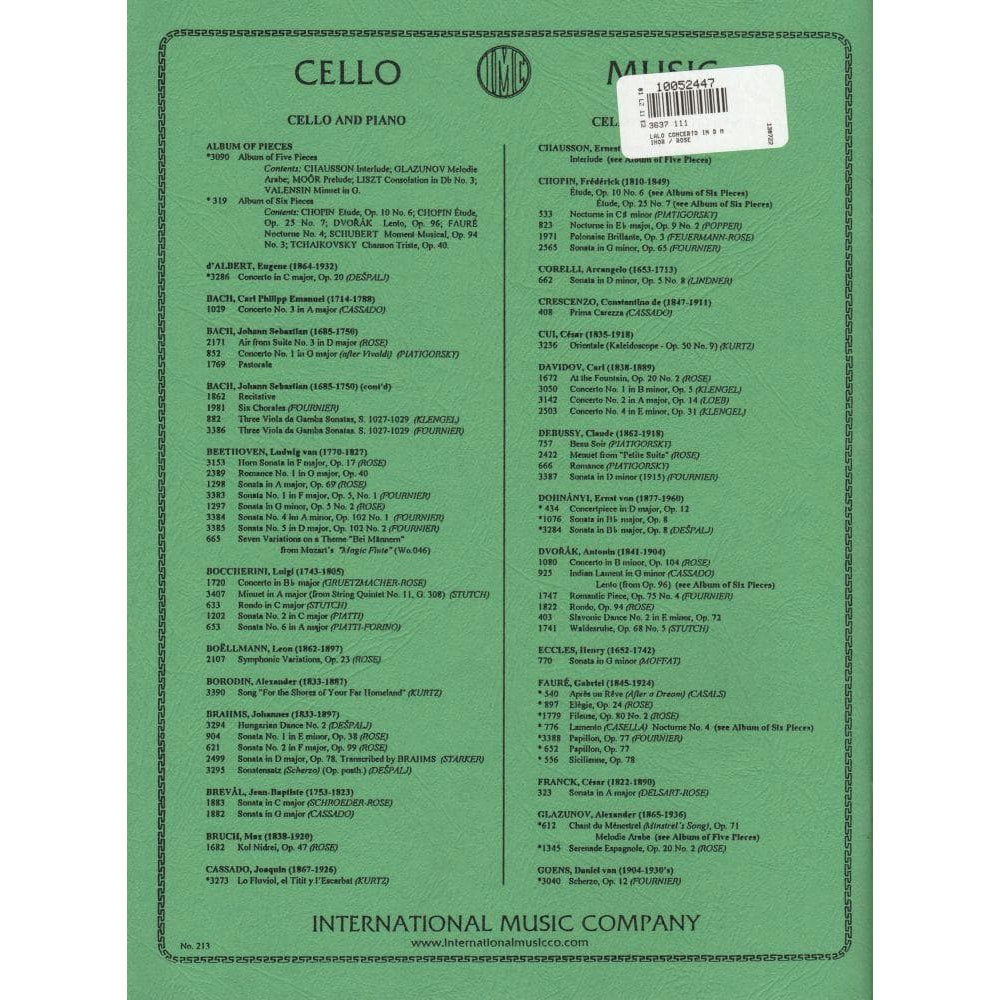 Lalo, Edouard - Concerto in d minor - Cello and Piano - edited by Leonard Rose - International Music Co