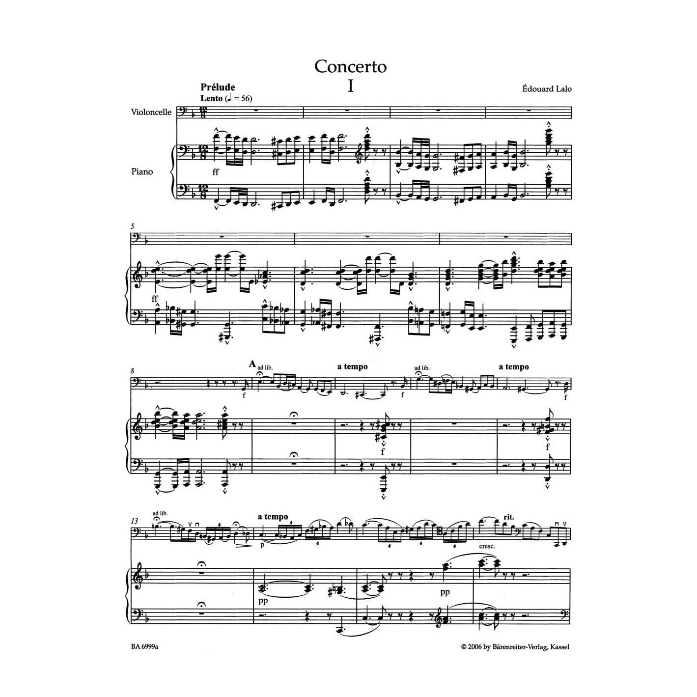 Lalo, Edouard - Concerto in d minor - Cello and Piano - edited by Hugh MacDonald - Barenreiter Verlag URTEXT