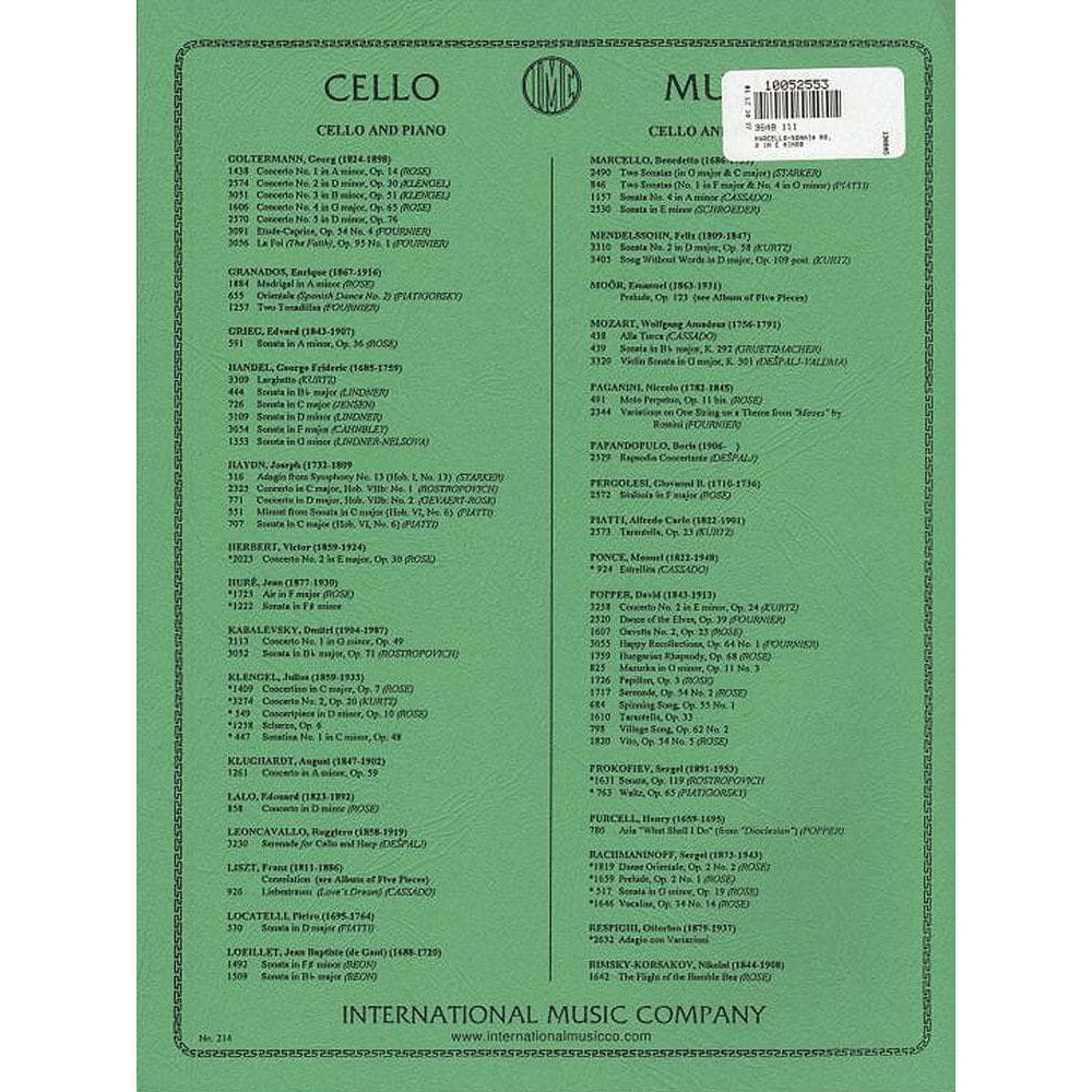 Marcello, Benedetto - Sonata No 2 in e minor - Cello and Piano - edited by Carl Schroeder - International Music Co