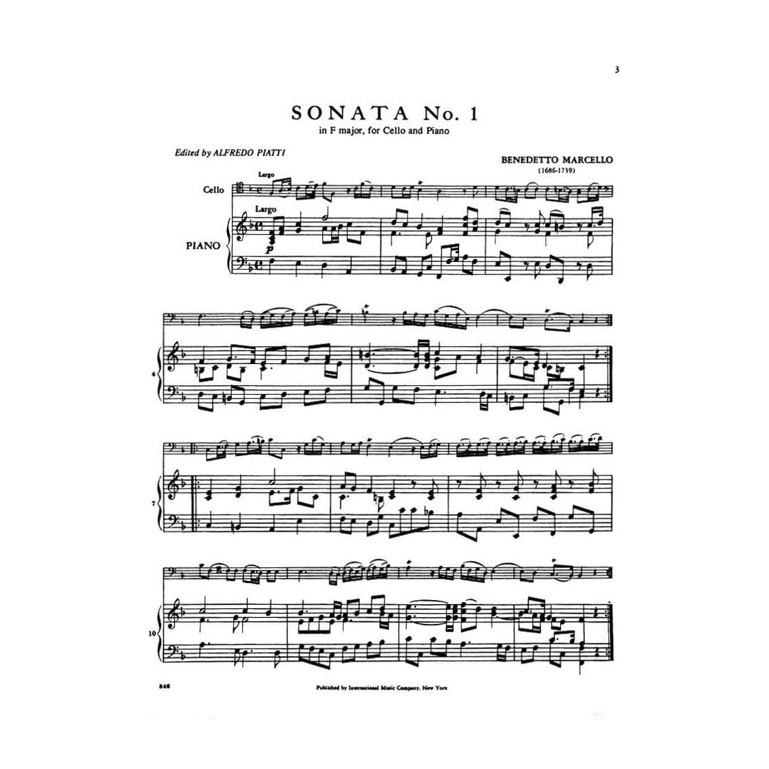 Marcello, Benedetto - Two Sonatas: No 1 in F Major and No 4 in g minor - Cello and Piano - edited by Alfredo Piatti - International Music Co