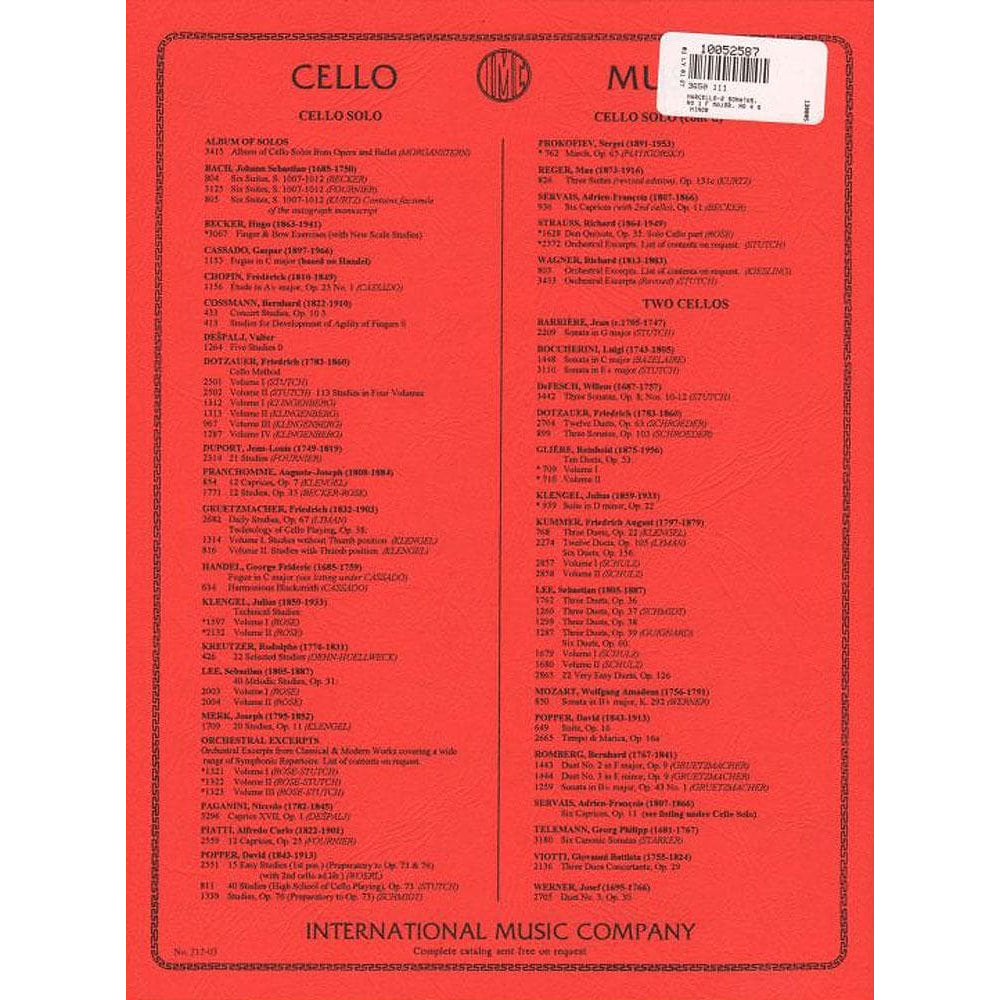 Marcello, Benedetto - Two Sonatas: No 1 in F Major and No 4 in g minor - Cello and Piano - edited by Alfredo Piatti - International Music Co