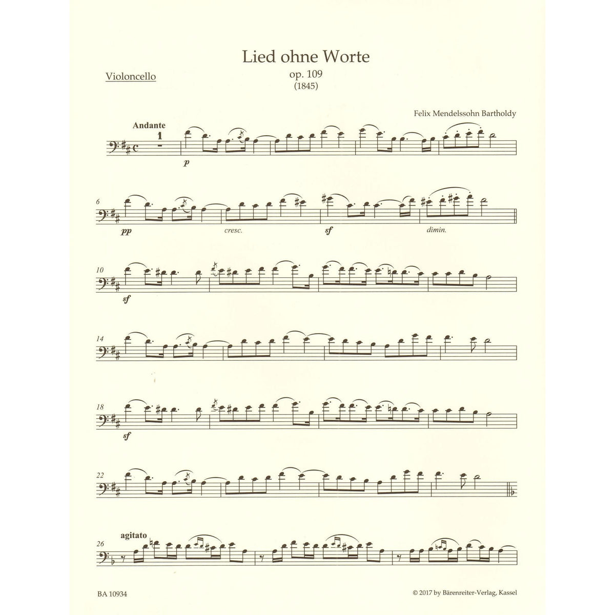 Mendelssohn, Felix - Song without Words - for Cello and Piano - Barenreiter URTEXT Edition