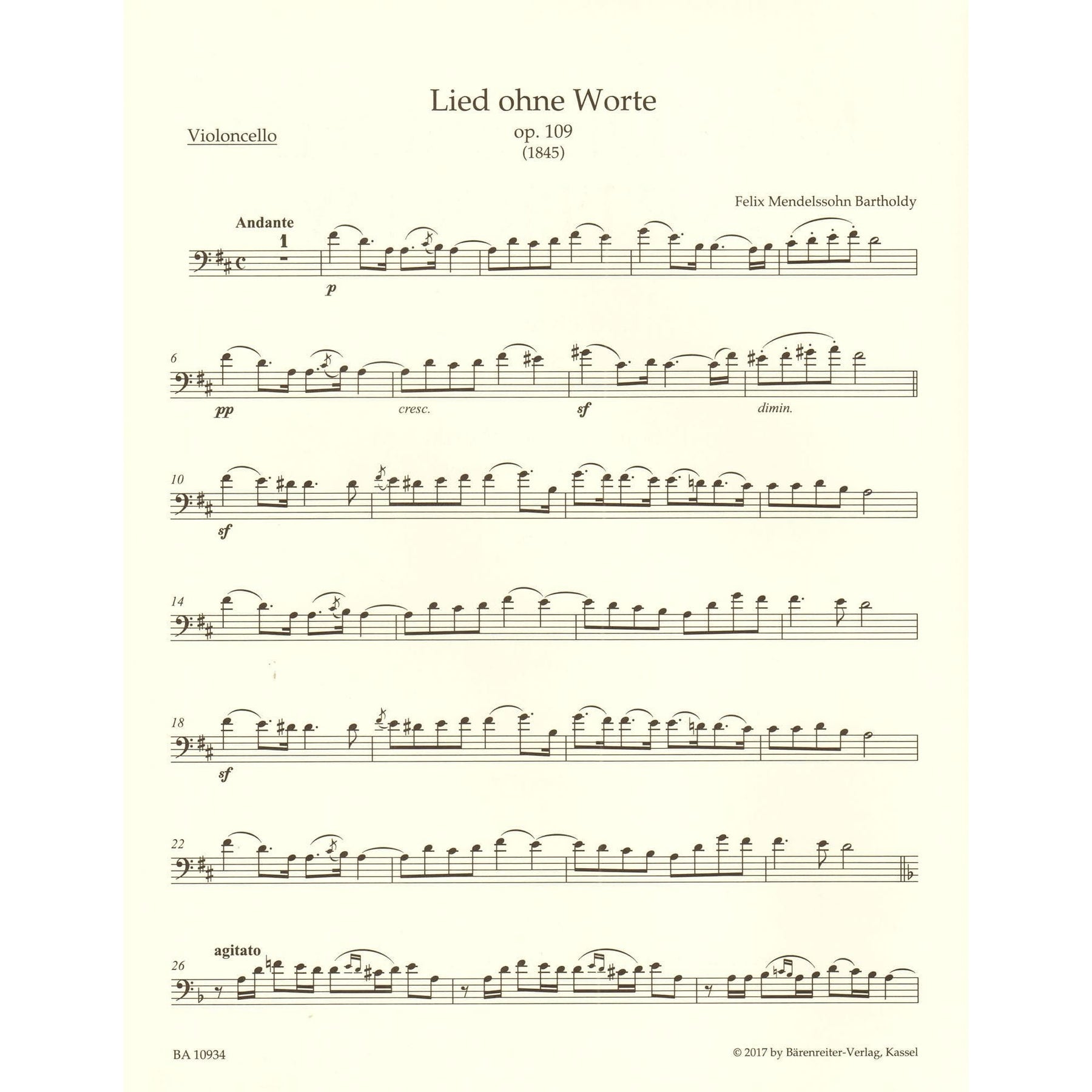 Mendelssohn, Felix - Song without Words - for Cello and Piano - Barenreiter URTEXT Edition