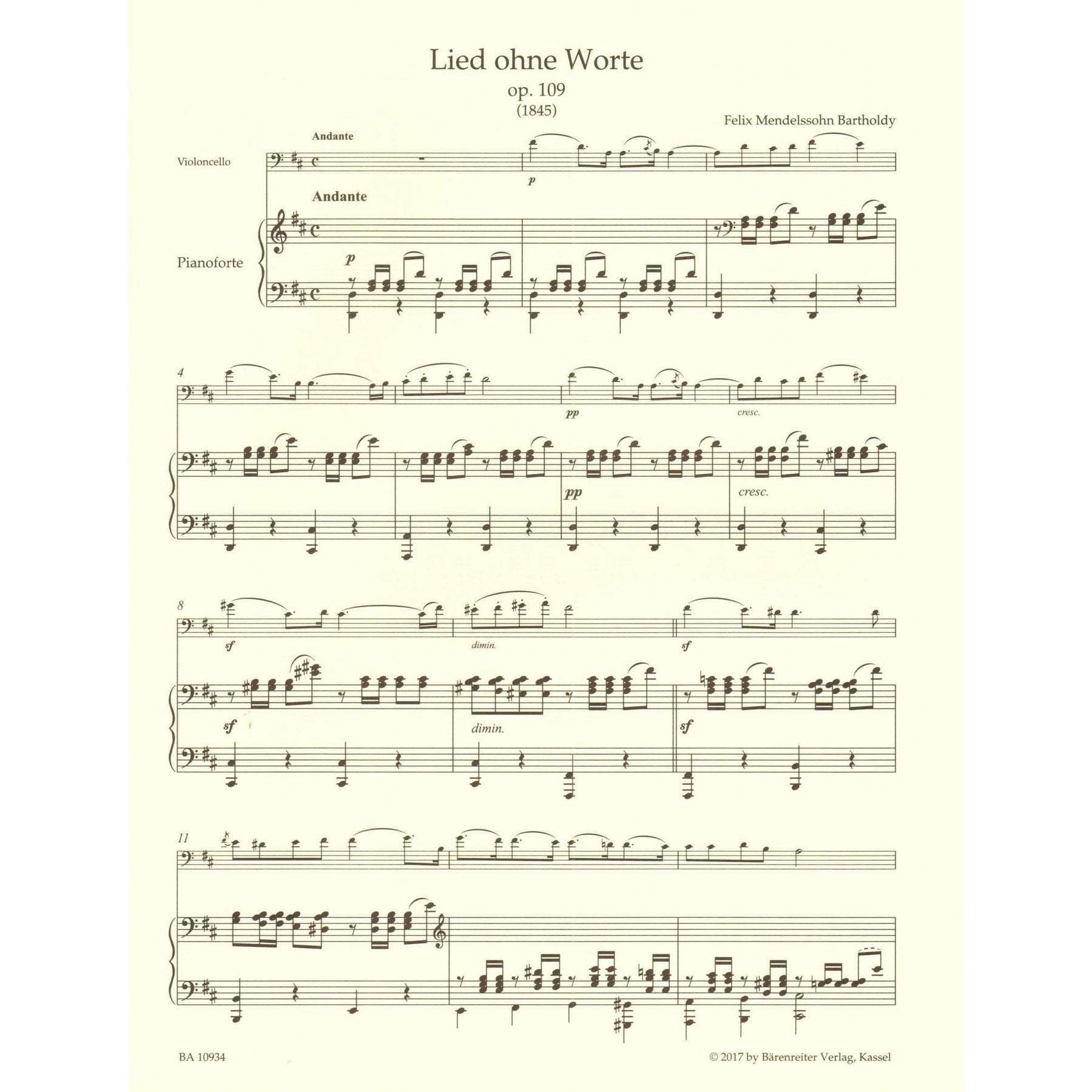 Mendelssohn, Felix - Song without Words - for Cello and Piano - Barenreiter URTEXT Edition