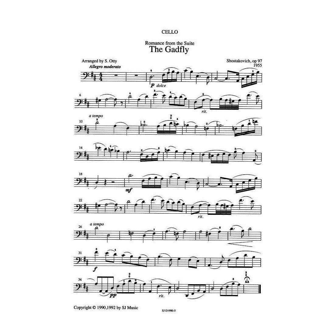 Shostakovich, Dmitri - Romance from the Suite "The Gadfly" - Cello and Piano - arranged by Sue Otty - SJ Music Edition