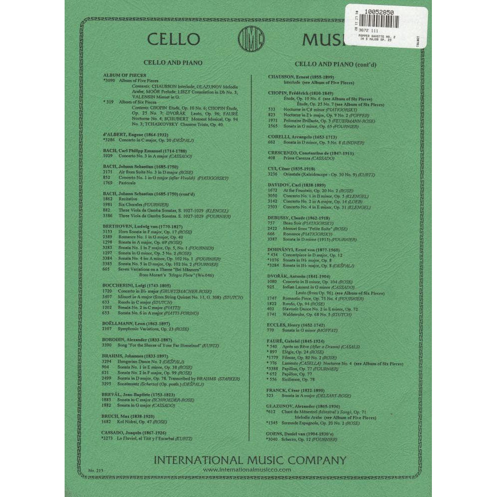 Popper, David - Gavotte No 2 In D Major Op 23 - for Cello and Piano - edited by Leonard Rose - International Music Co
