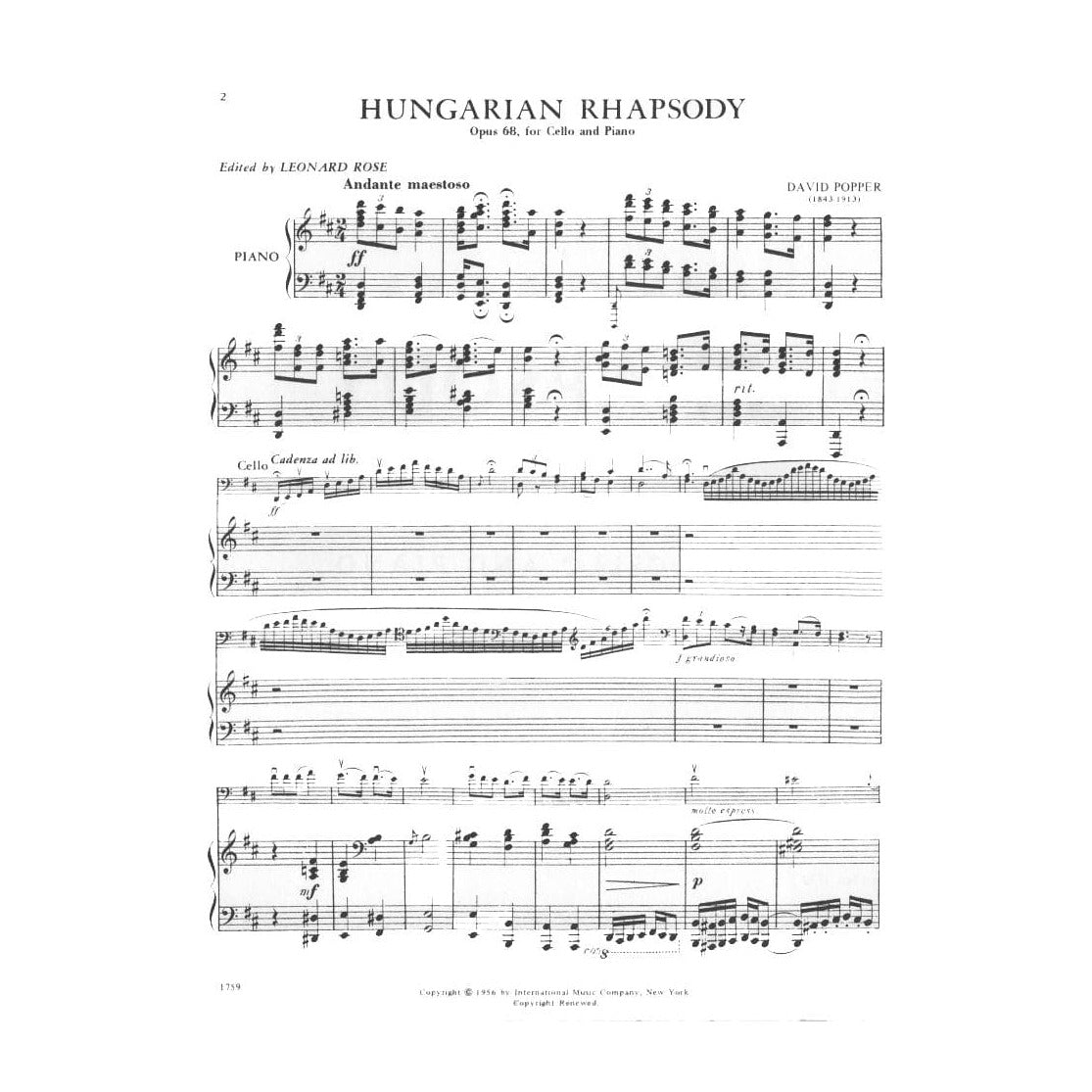 Popper, David - Hungarian Rhapsody Op 68 - for Cello and Piano - edited by Leonard Rose - International Music Company
