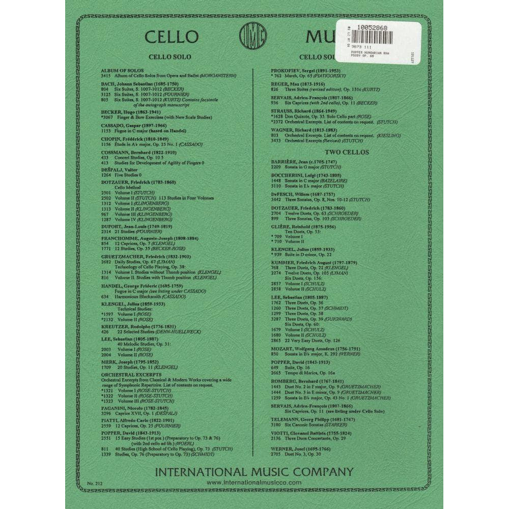 Popper, David - Hungarian Rhapsody Op 68 - for Cello and Piano - edited by Leonard Rose - International Music Company