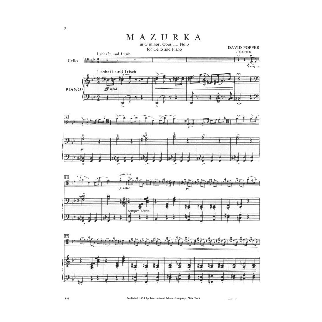 Popper, David - Mazurka in G Minor, Op 11 No 3 - for Cello and Piano - International Music Co