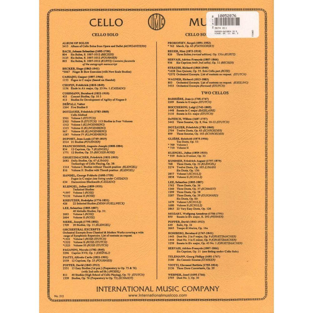 Popper, David - Mazurka in G Minor, Op 11 No 3 - for Cello and Piano - International Music Co