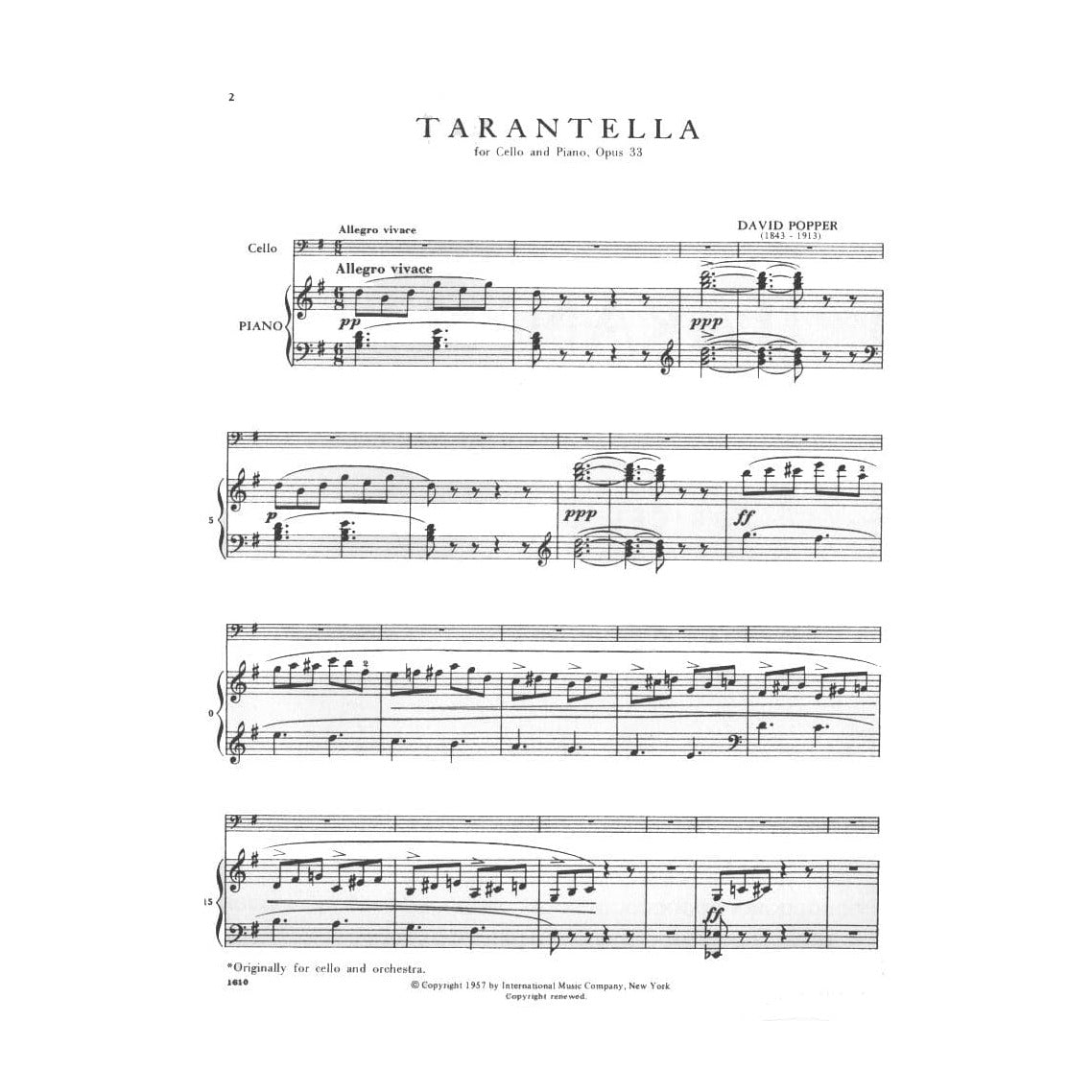 Popper, David - Tarantella Op 33 for Cello and Piano - edited by Leonard Rose - International Music Co