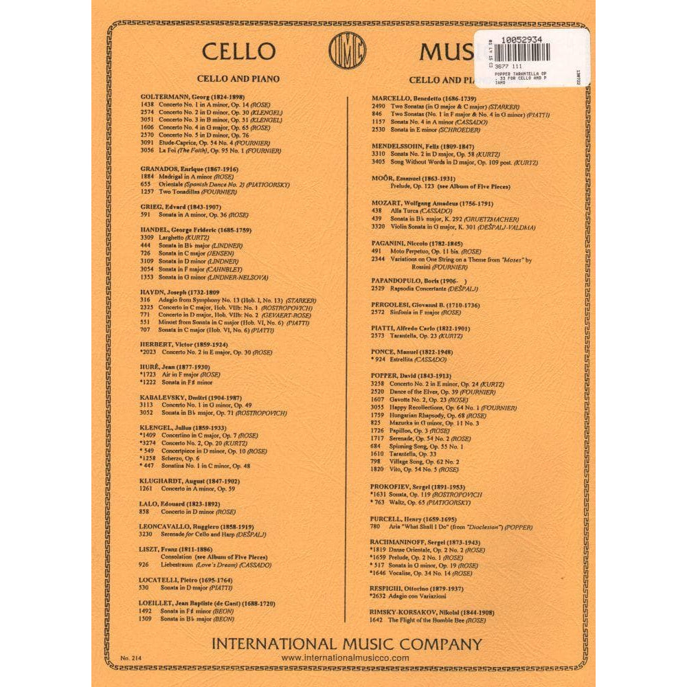 Popper, David - Tarantella Op 33 for Cello and Piano - edited by Leonard Rose - International Music Co
