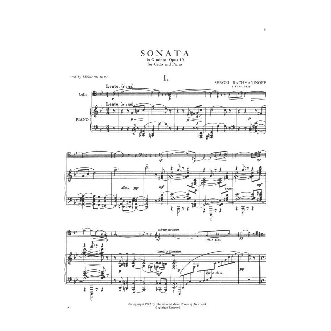 Rachmaninoff, Sergey - Cello Sonata in G Minor, Op 19 - for Cello and Piano - edited by Rose - International Music Company
