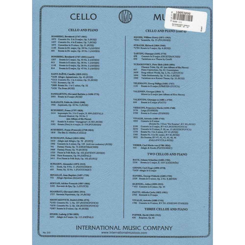Rachmaninoff, Sergey - Cello Sonata in G Minor, Op 19 - for Cello and Piano - edited by Rose - International Music Company