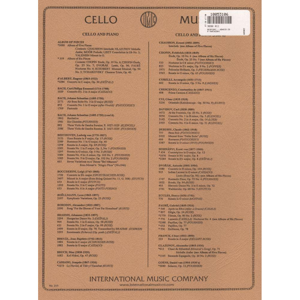 Respighi, Ottorino - Adagio con Variazoni - for Cello and Piano - International Music Company