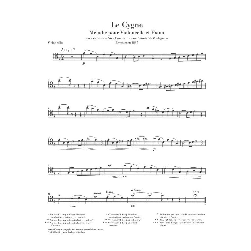 Saint-Saens, Camille -The Swan from "The Carnival of the Animals" - for Cello and Piano -   edited by David Geringas - Henle