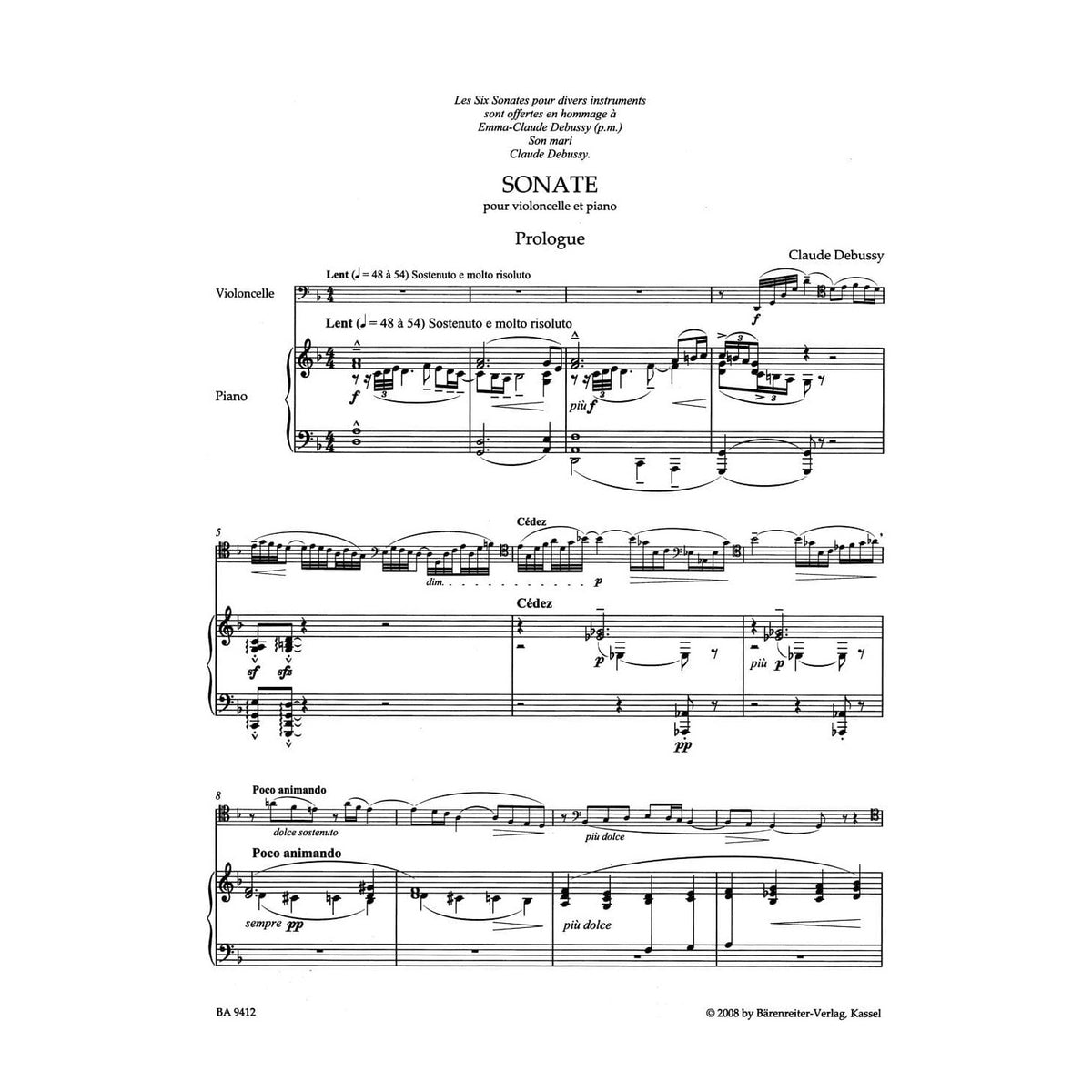 Debussy, Claude - Cello Sonata - for Cello and Piano - edited by Regina Back, Douglas Woodfull-Harris - Baerenreiter