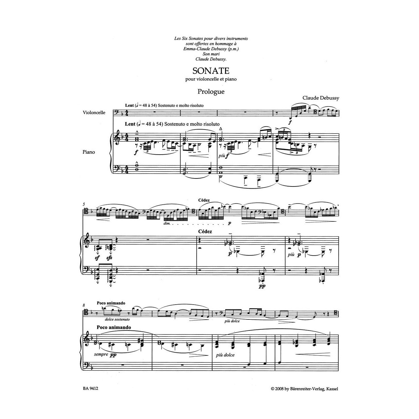 Debussy, Claude - Cello Sonata - for Cello and Piano - edited by Regina Back, Douglas Woodfull-Harris - Baerenreiter