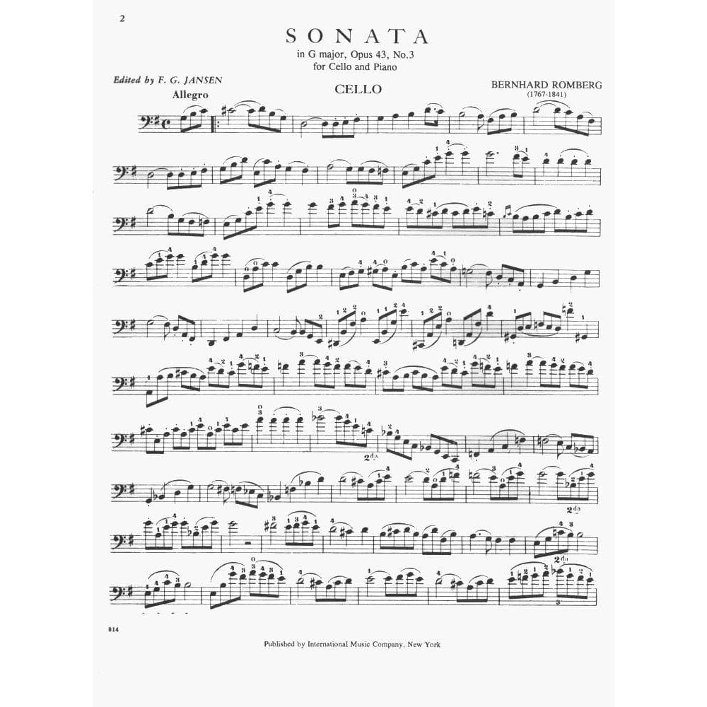 Romberg, Bernhard - Cello Sonata in G Major, Op 43 No 3 - for Cello and Piano - edited by F G Jansen - International Music Company
