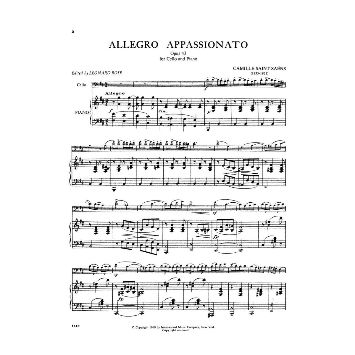 Saint-Saens, Camille - Allegro Appassionato Op 43 For Cello and Piano Edited by Leonard Rose Published by International Music Company