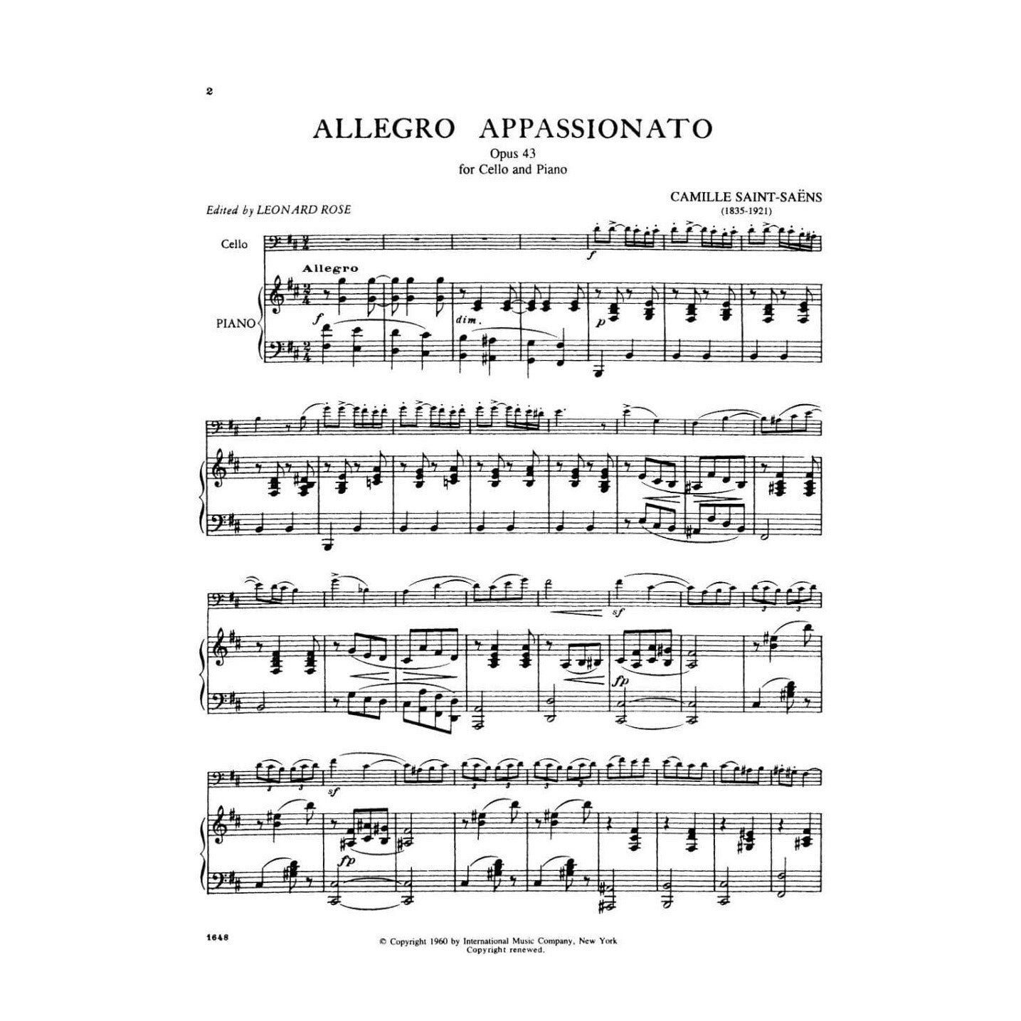 Saint-Saens, Camille - Allegro Appassionato Op 43 For Cello and Piano Edited by Leonard Rose Published by International Music Company