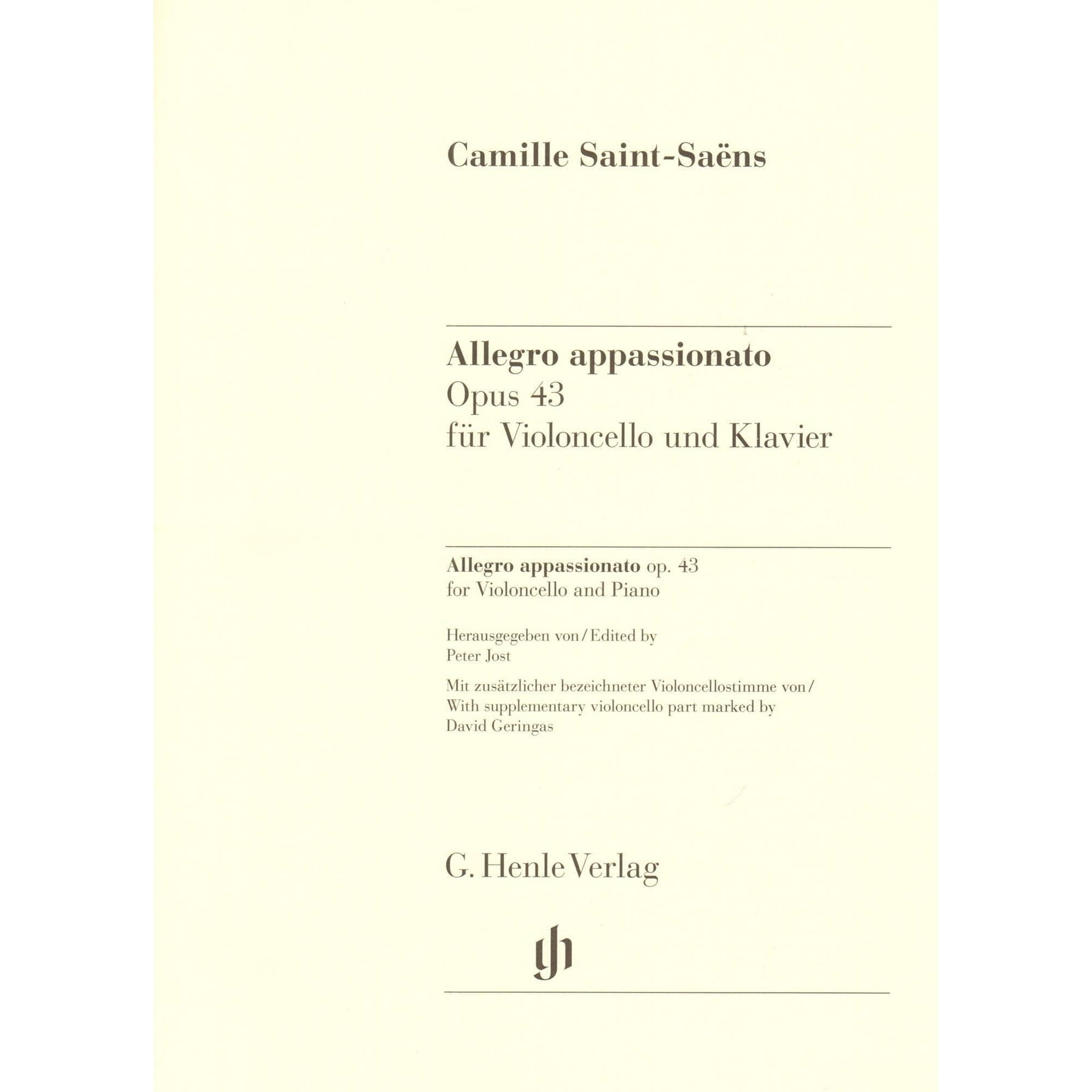Saint-Saëns, Camille - Allegro Appassionato, Opus 43 - for Cello and Piano - edited by Jost and Geringas - G. Henle Verlag URTEXT