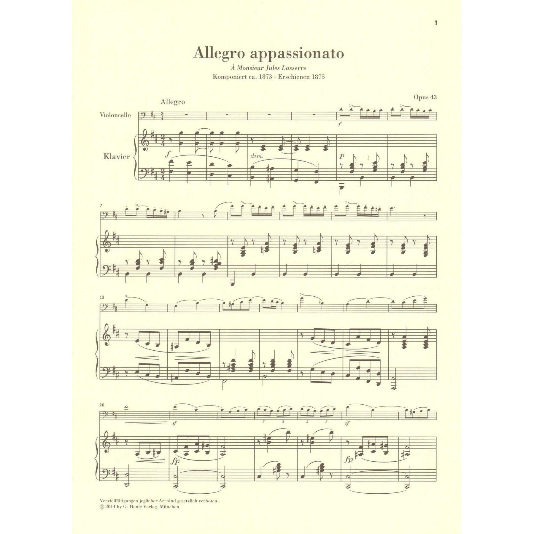 Saint-Saëns, Camille - Allegro Appassionato, Opus 43 - for Cello and Piano - edited by Jost and Geringas - G. Henle Verlag URTEXT