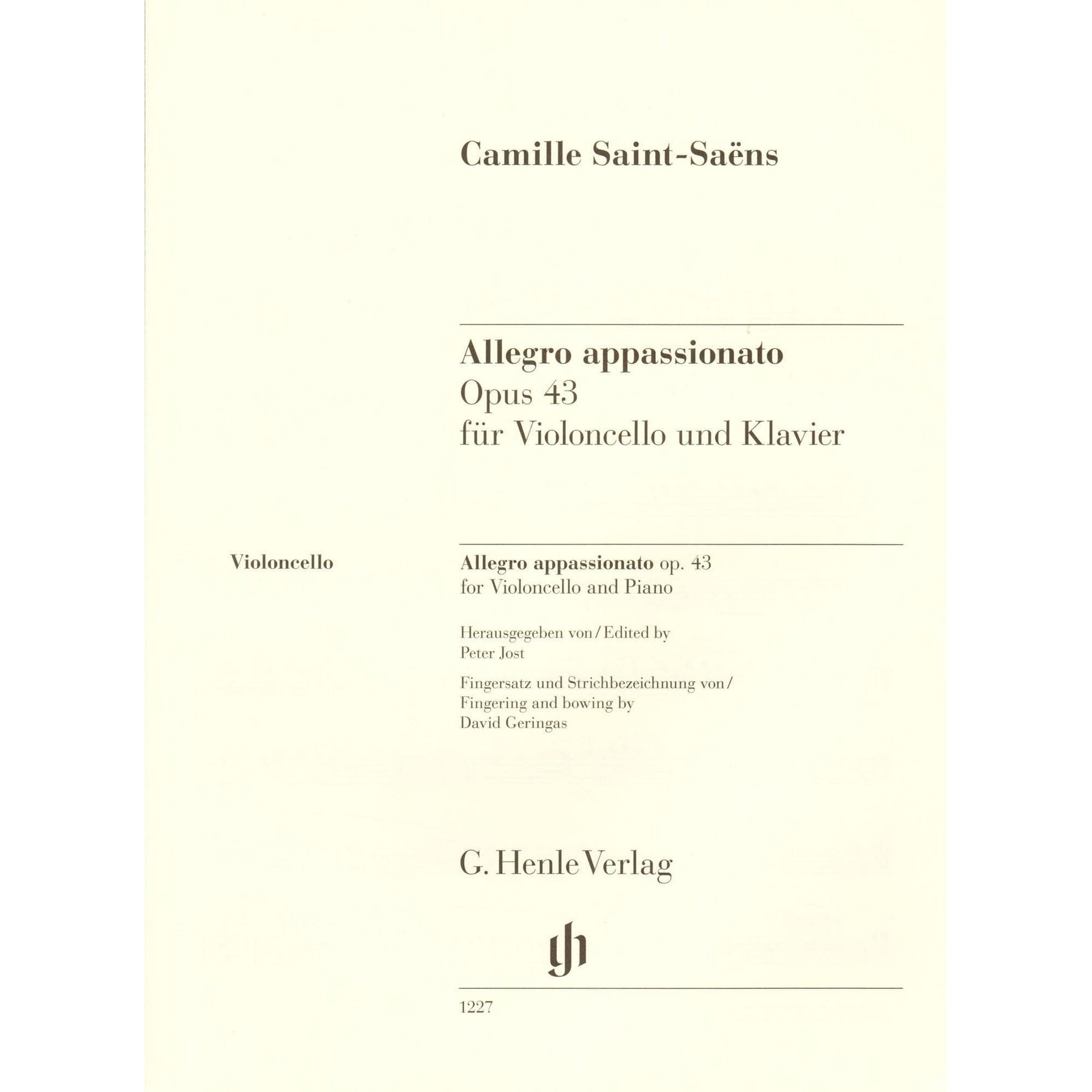 Saint-Saëns, Camille - Allegro Appassionato, Opus 43 - for Cello and Piano - edited by Jost and Geringas - G. Henle Verlag URTEXT
