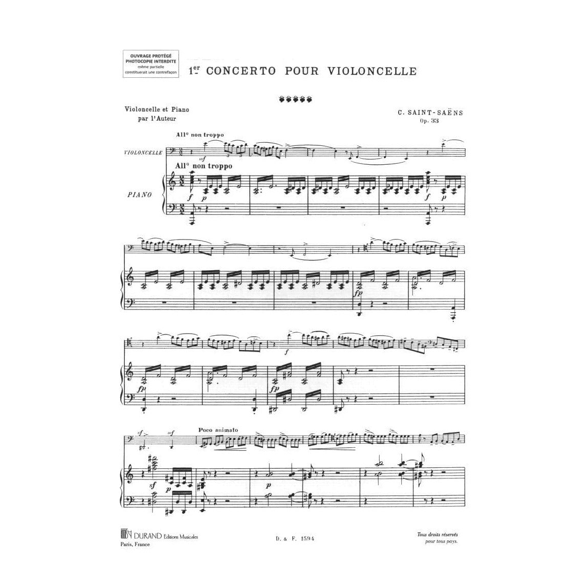 Saint-Saens, Camille - Cello Concerto No 1 in A Minor, Op 33 - for Cello and Piano - Durand