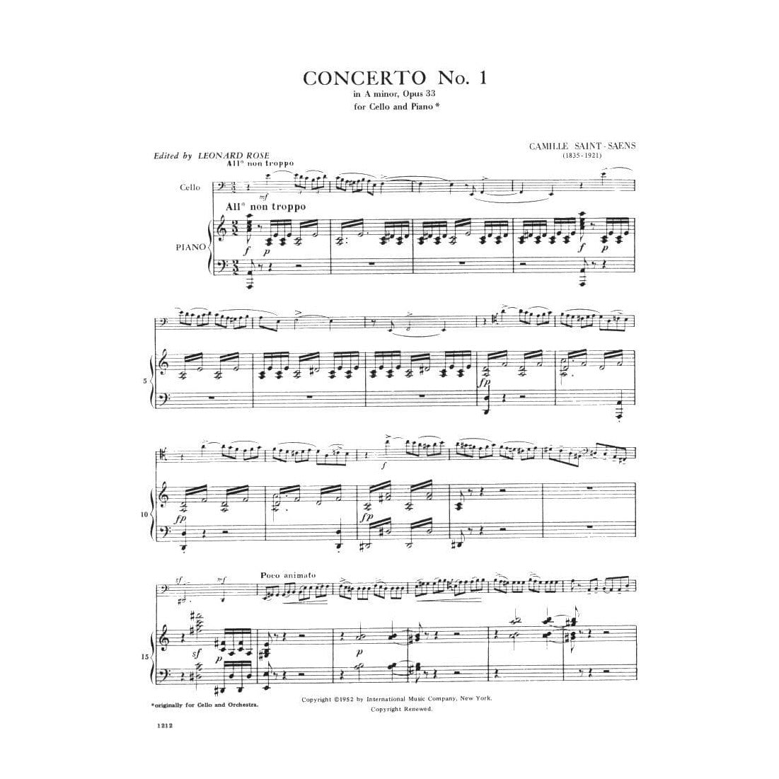 Saint-Saens, Camille - Concerto No 1 in A Minor Op 33 - for Cello and Piano - edited by Rose - International Music Company