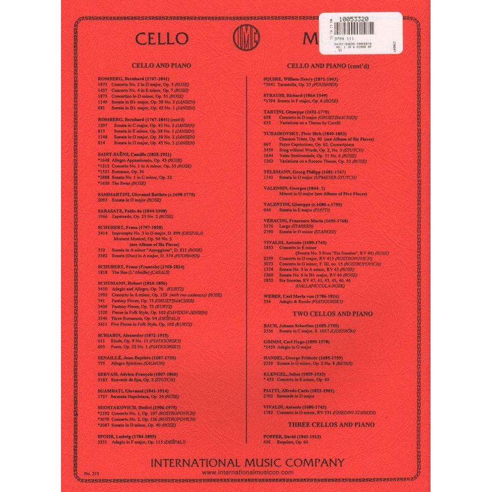 Saint-Saens, Camille - Concerto No 1 in A Minor Op 33 - for Cello and Piano - edited by Rose - International Music Company