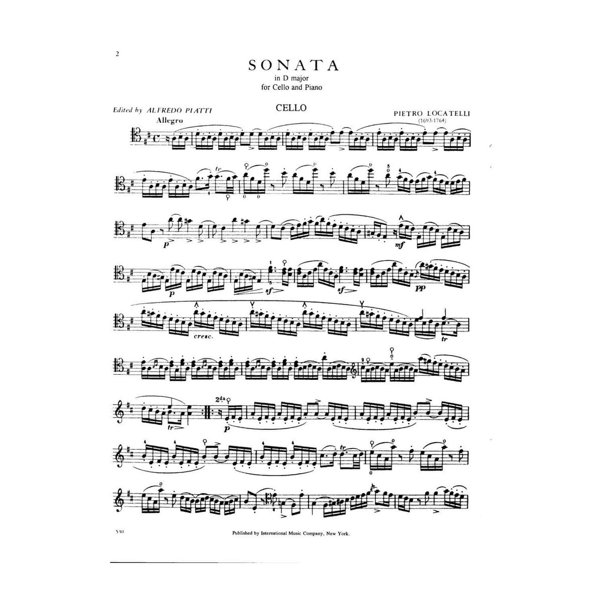 Locatelli, Pietro - Sonata in D Major, Op 6, No 6 - Cello and Piano - edited by Alfredo Piatti - International Music Co