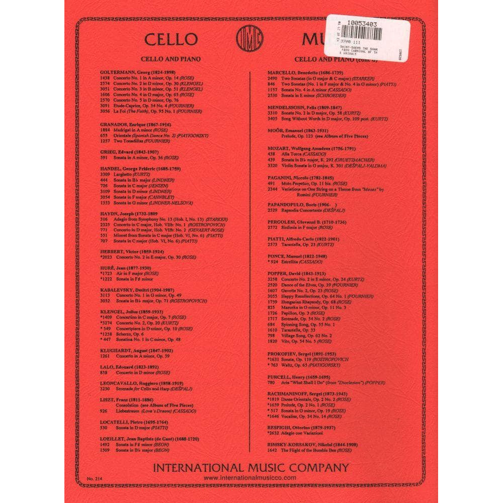 Saint-Saens, Camille - The Swan from "Carnival of the Animals" - for Cello and Piano - edited by Rose - International Music Company