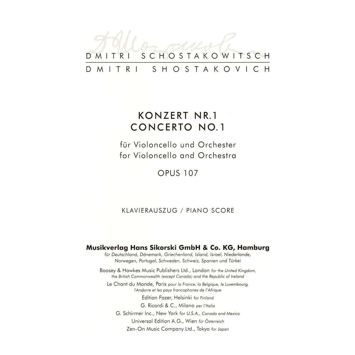 Shostakovich, Dmitri - Concerto No 1 in E flat Op 107 For Cello and Piano Published by Sikorski
