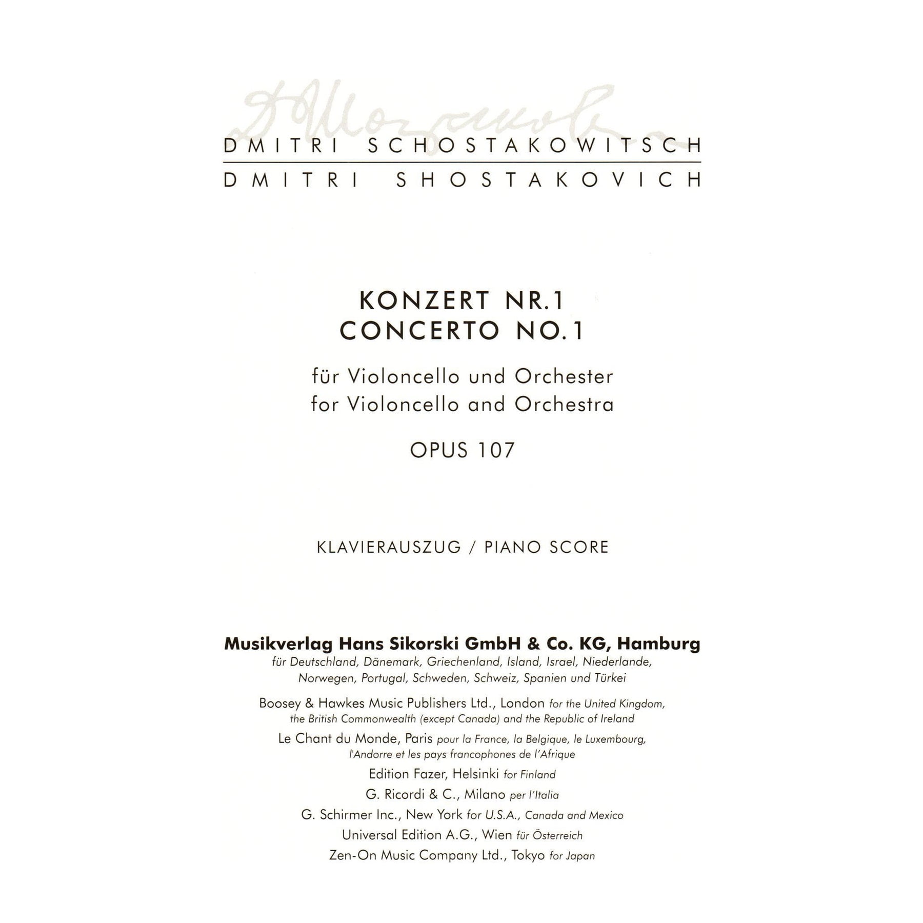 Shostakovich, Dmitri - Concerto No 1 in E flat Op 107 For Cello and Piano Published by Sikorski