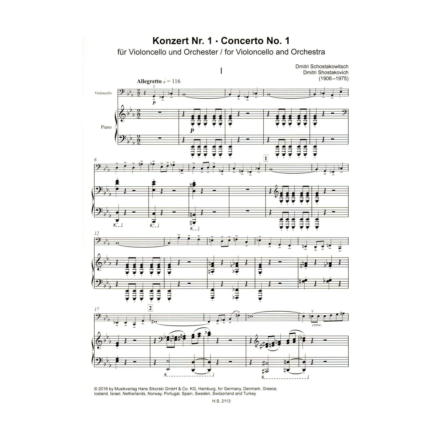 Shostakovich, Dmitri - Concerto No 1 in E flat Op 107 For Cello and Piano Published by Sikorski