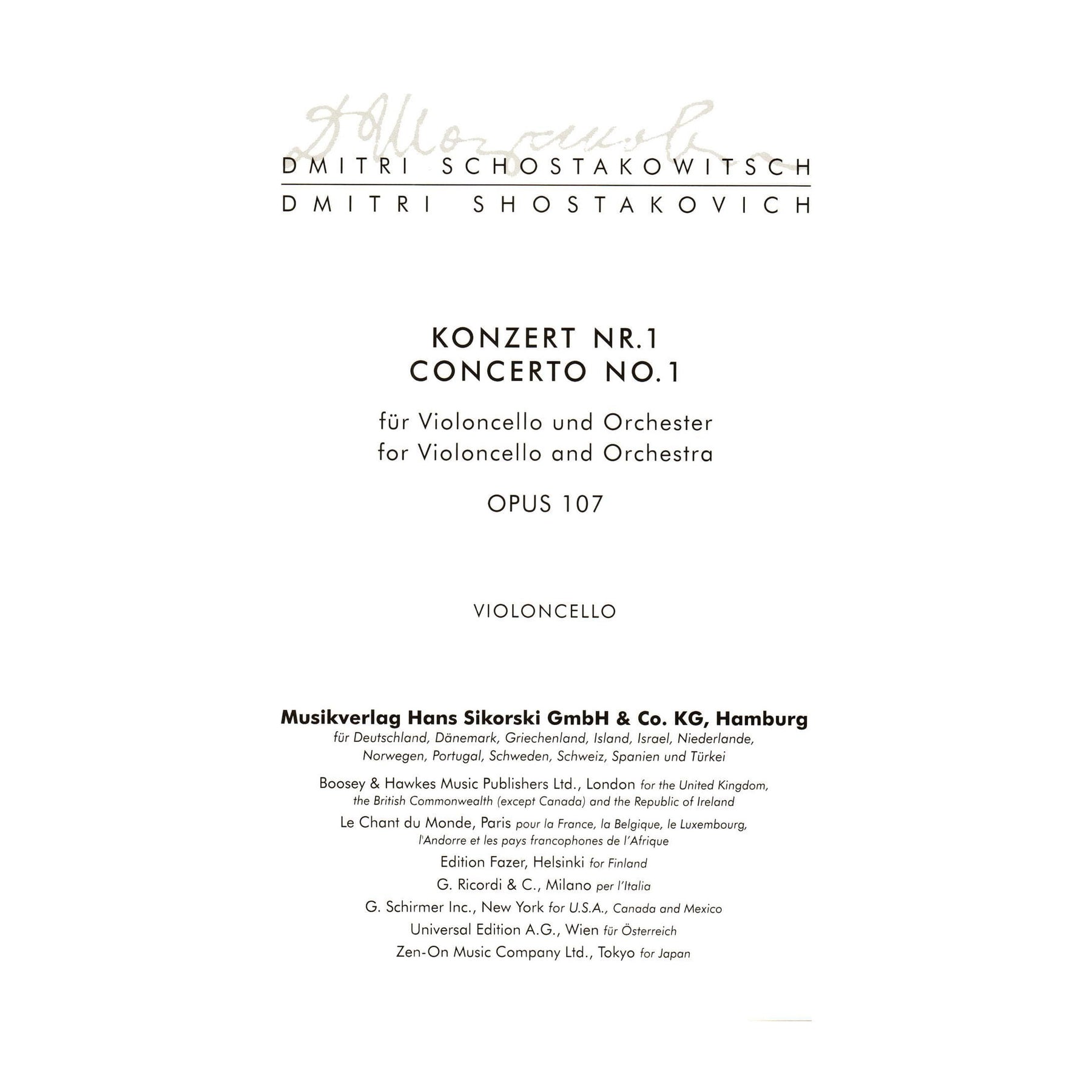 Shostakovich, Dmitri - Concerto No 1 in E flat Op 107 For Cello and Piano Published by Sikorski