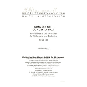 Shostakovich, Dmitri - Concerto No 1 in E flat Op 107 For Cello and Piano Published by Sikorski