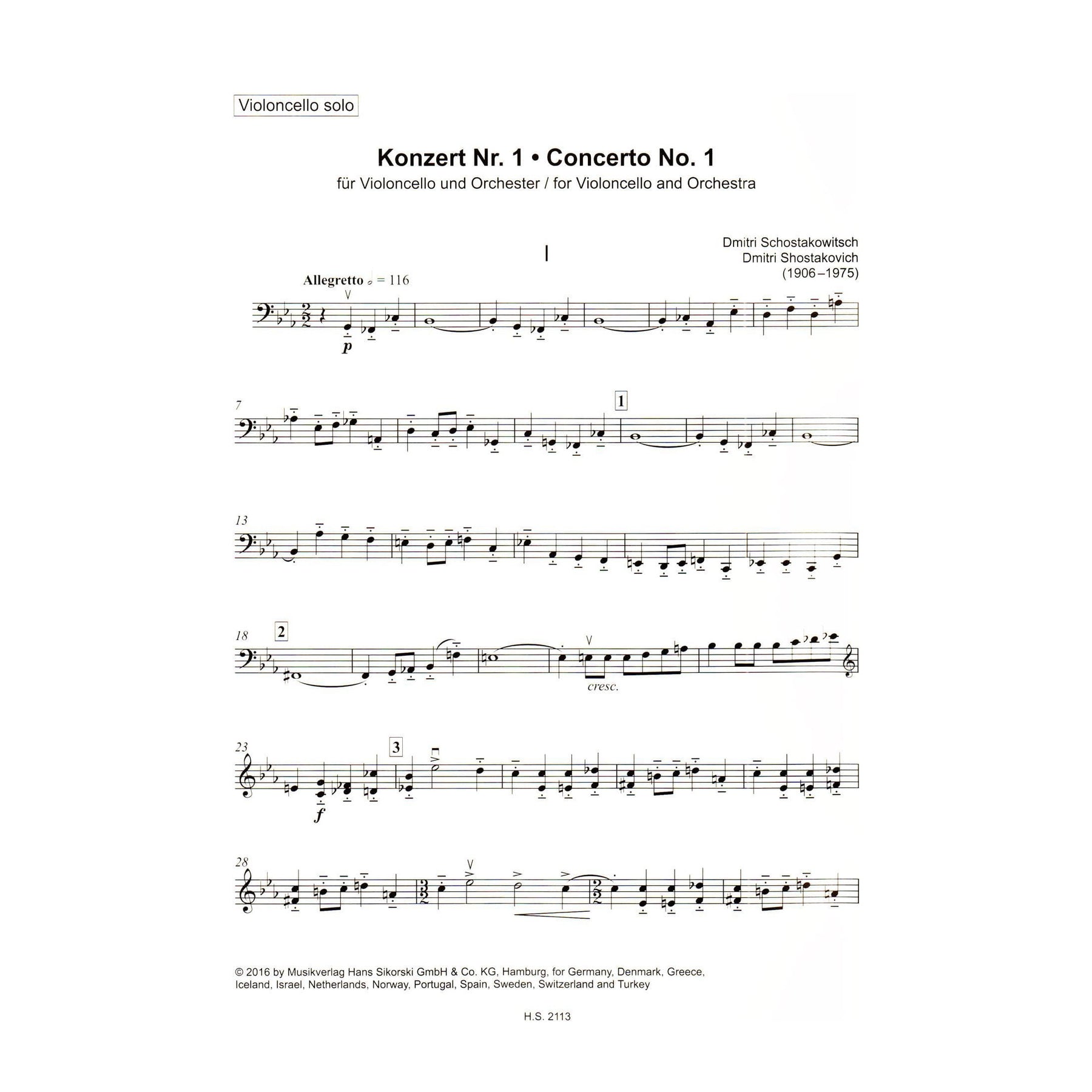 Shostakovich, Dmitri - Concerto No 1 in E flat Op 107 For Cello and Piano Published by Sikorski