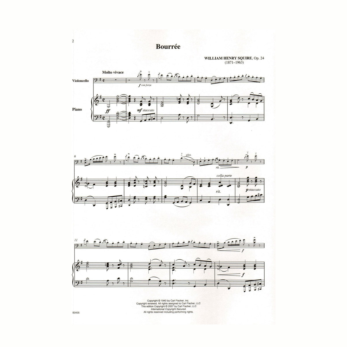 Squire, William Henry - Bouree Op 24 For Solo Cello & Piano Published by Carl Fischer